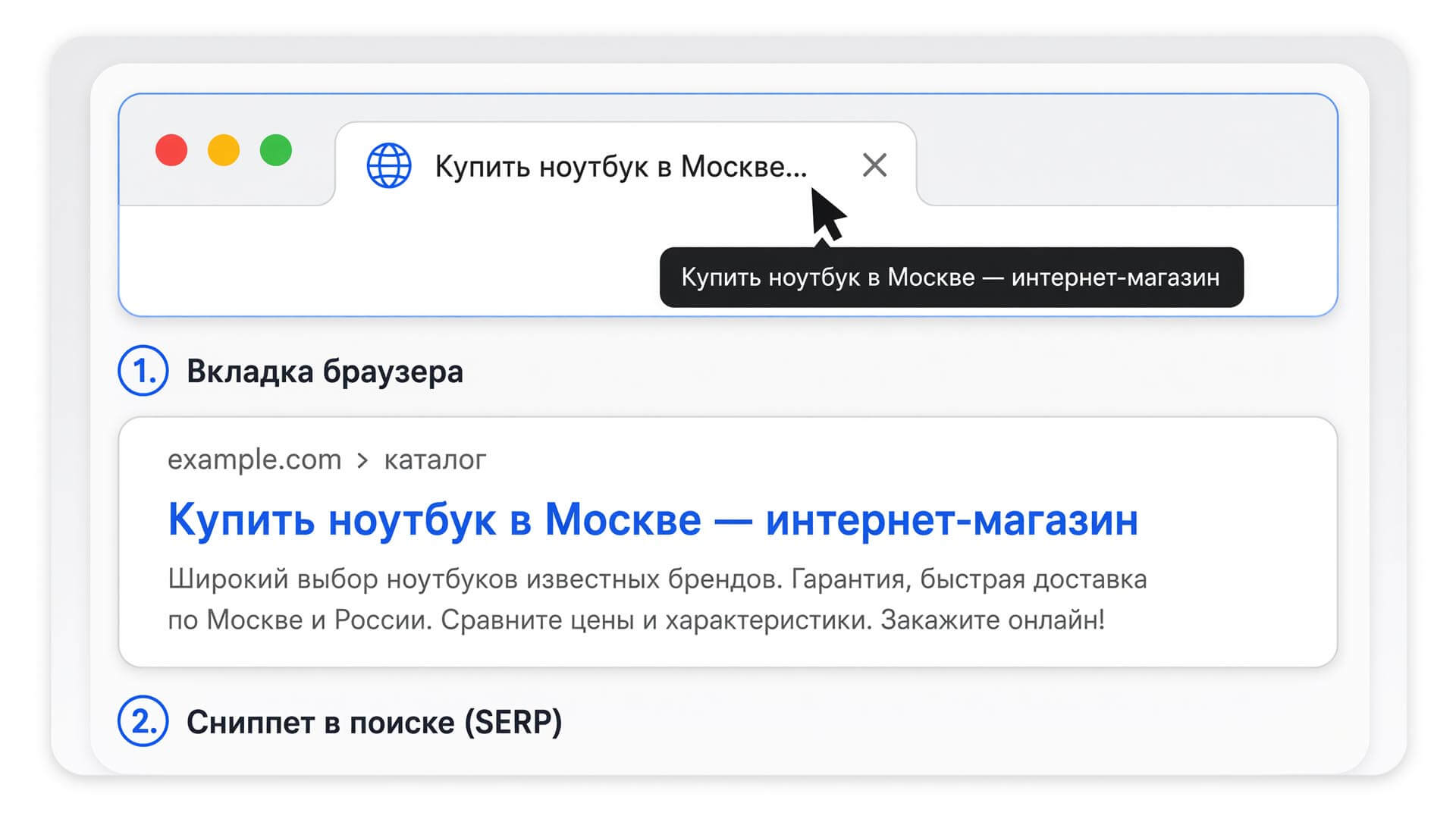 Места отображения тега Title: вкладка браузера и сниппет в поисковой выдаче