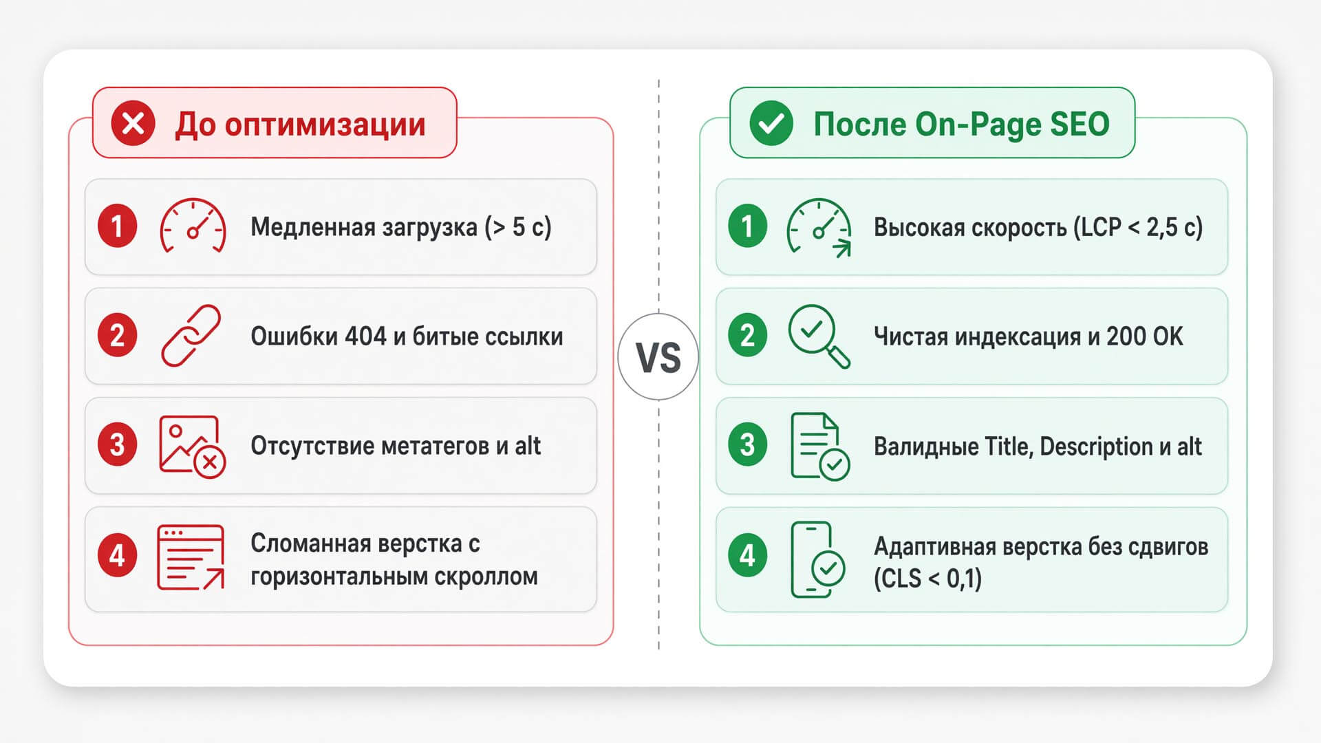 Визуальное сравнение неоптимизированного и оптимизированного сайтов для поисковых систем